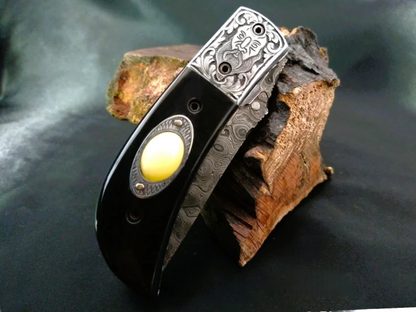 Odin Carved Bolster Damascus Knife with Premium Bull Horn Handle - Viking Blade Crafts