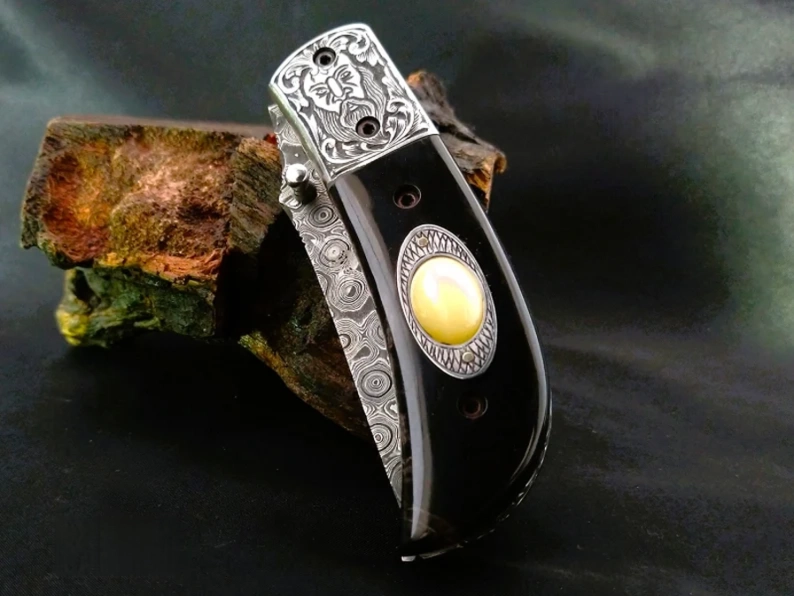 Odin Carved Bolster Damascus Knife with Premium Bull Horn Handle - Viking Blade Crafts