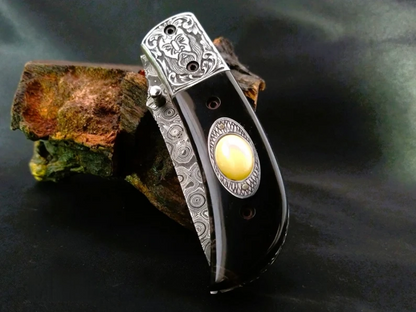 Odin Carved Bolster Damascus Knife with Premium Bull Horn Handle - Viking Blade Crafts