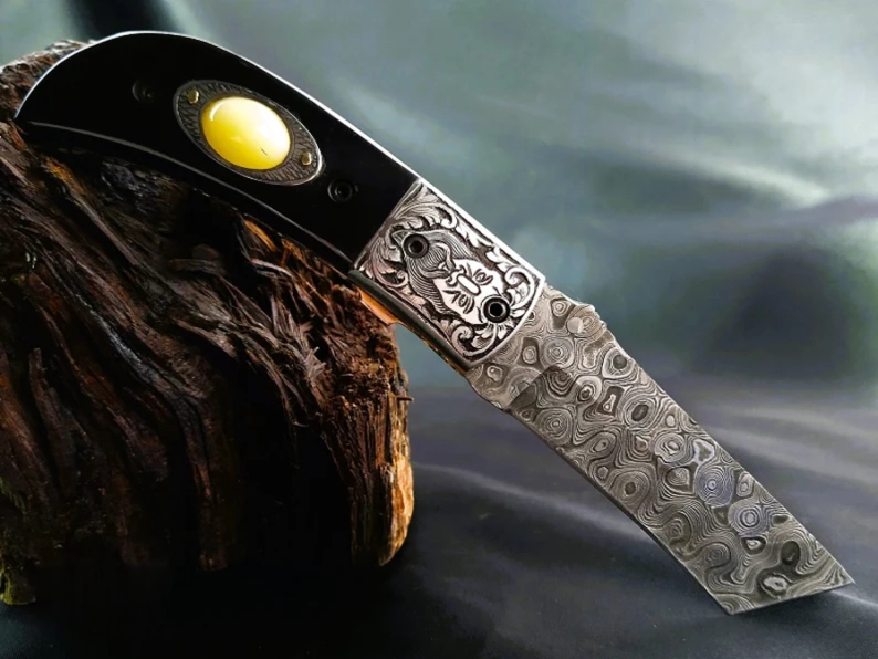 Odin Carved Bolster Damascus Knife with Premium Bull Horn Handle - Viking Blade Crafts