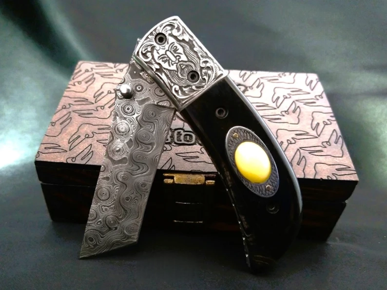 Odin Carved Bolster Damascus Knife with Premium Bull Horn Handle - Viking Blade Crafts