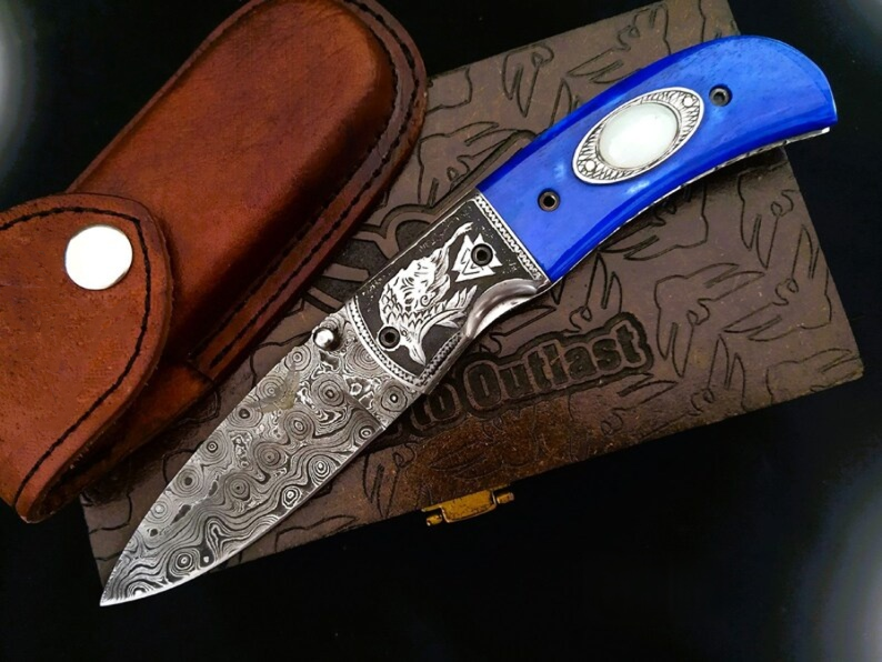 Handmade Damascus Folding Knife – Odin-Raven Themed Hand-Carved Handle - Viking Blade Crafts
