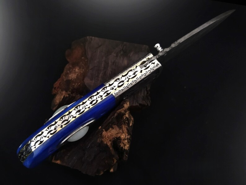 Handmade Damascus Folding Knife – Odin-Raven Themed Hand-Carved Handle - Viking Blade Crafts