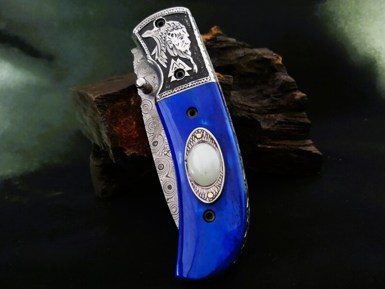 Handmade Damascus Folding Knife – Odin-Raven Themed Hand-Carved Handle - Viking Blade Crafts