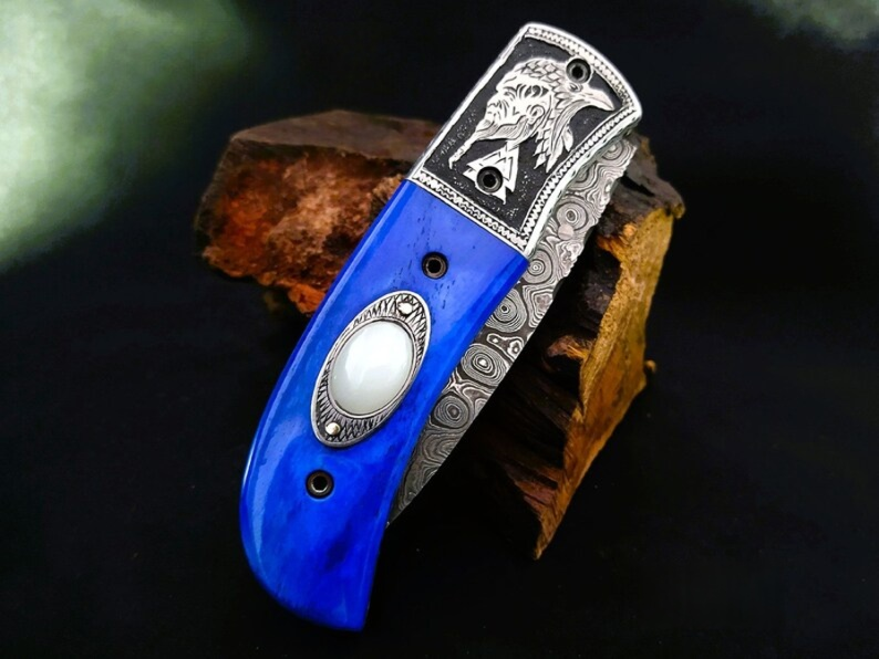 Handmade Damascus Folding Knife – Odin-Raven Themed Hand-Carved Handle - Viking Blade Crafts