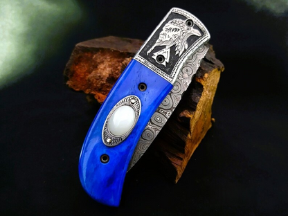 Handmade Damascus Folding Knife – Odin-Raven Themed Hand-Carved Handle - Viking Blade Crafts