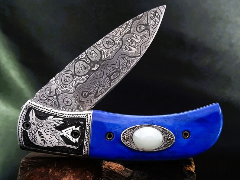 Handmade Damascus Folding Knife – Odin-Raven Themed Hand-Carved Handle - Viking Blade Crafts