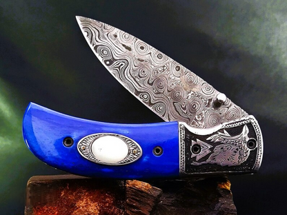 Handmade Damascus Folding Knife – Odin-Raven Themed Hand-Carved Handle - Viking Blade Crafts