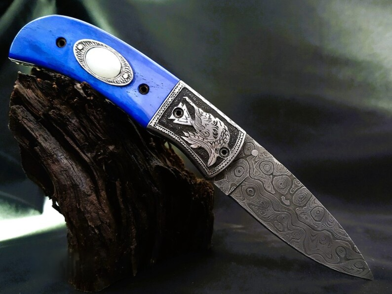 Handmade Damascus Folding Knife – Odin-Raven Themed Hand-Carved Handle - Viking Blade Crafts