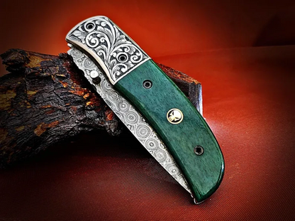 Ancient Hand-Carved Theme Damascus Pocket Knife – Stained Bone Handle - Viking Blade Crafts