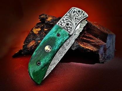 Ancient Hand-Carved Theme Damascus Pocket Knife – Stained Bone Handle - Viking Blade Crafts