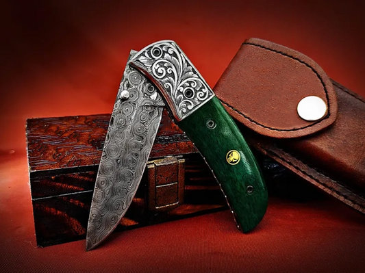 Ancient Hand-Carved Theme Damascus Pocket Knife – Stained Bone Handle