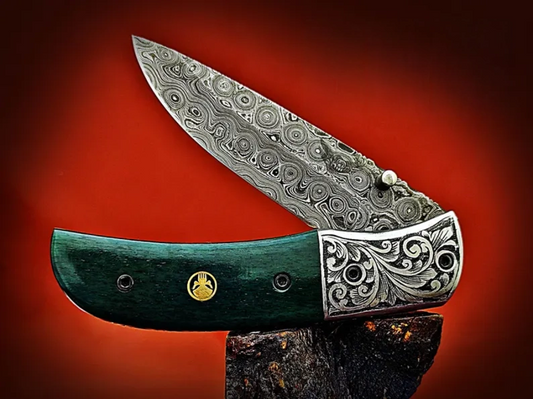 Ancient Hand-Carved Theme Damascus Pocket Knife – Stained Bone Handle