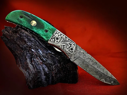 Ancient Hand-Carved Theme Damascus Pocket Knife – Stained Bone Handle - Viking Blade Crafts