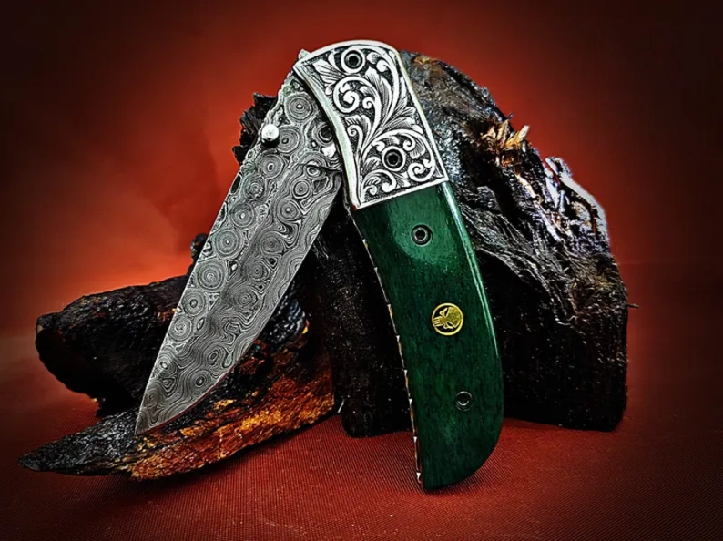 Ancient Hand-Carved Theme Damascus Pocket Knife – Stained Bone Handle - Viking Blade Crafts