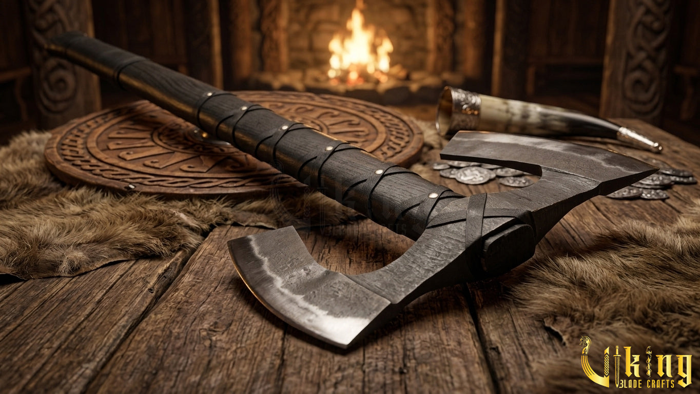 36" Double Bit Viking Axe - Hand Forged Carbon Steel & Leather Cover