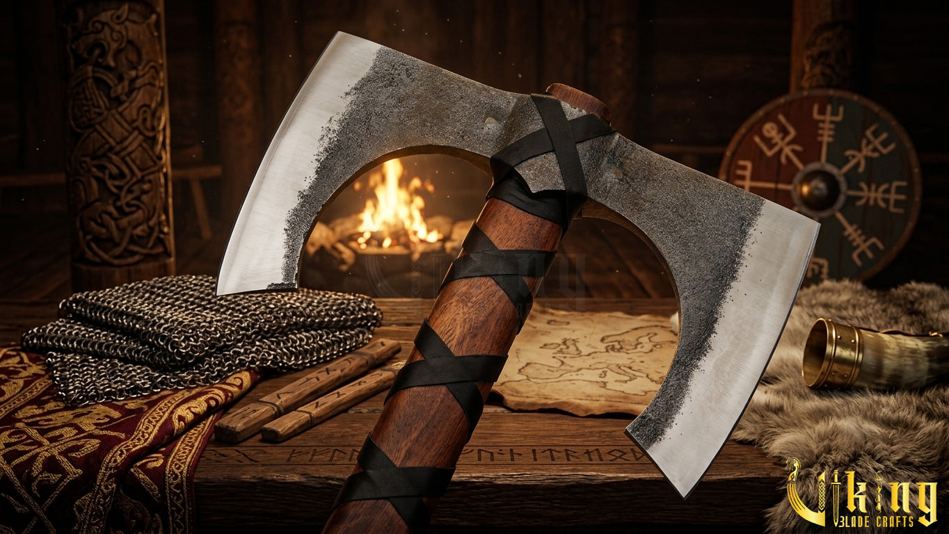 30" Double Bit Viking Battle Axe - Hand Forged Carbon Steel & Leather