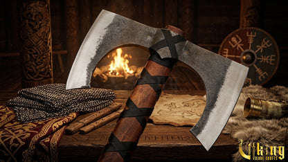 30" Double Bit Viking Battle Axe - Hand Forged Carbon Steel & Leather