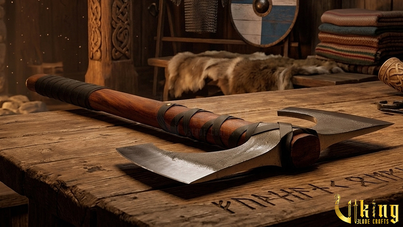 30" Double Bit Viking Battle Axe - Hand Forged Carbon Steel & Leather