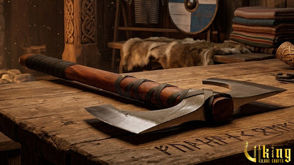 30" Double Bit Viking Battle Axe - Hand Forged Carbon Steel & Leather