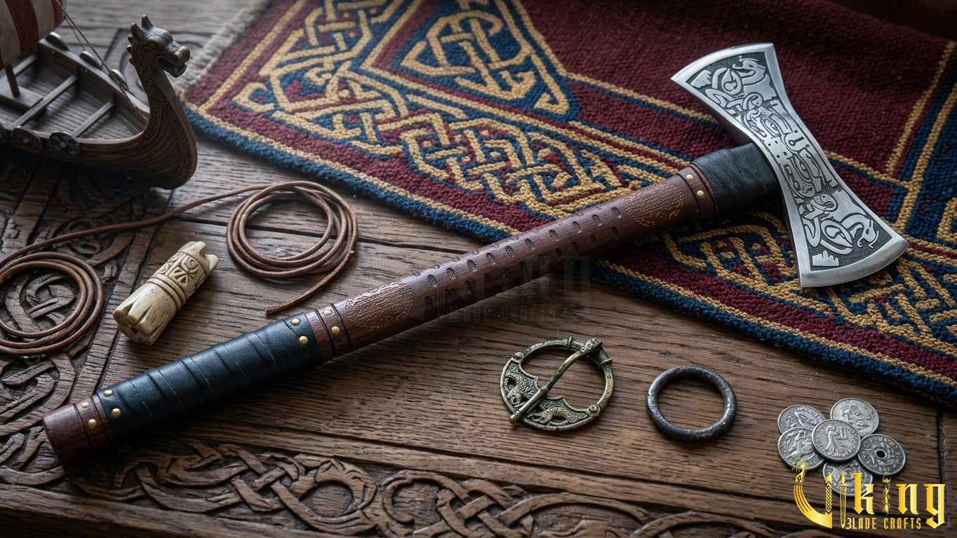 The Helm of Awe 30" Forged Viking Axe & Carved Wooden – Norse Warrior Axe