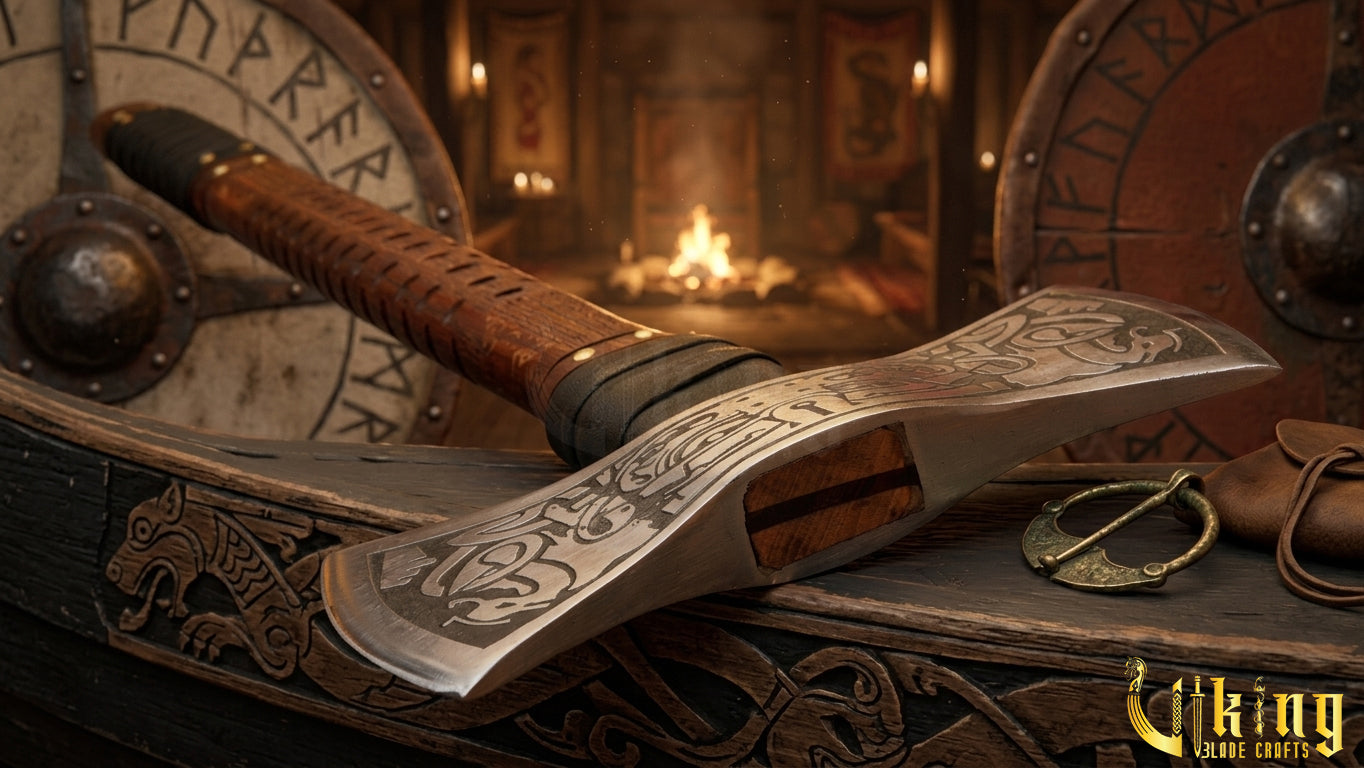 The Helm of Awe 30" Forged Viking Axe & Carved Wooden – Norse Warrior Axe