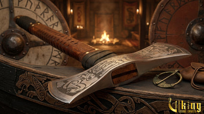 The Helm of Awe 30" Forged Viking Axe & Carved Wooden – Norse Warrior Axe