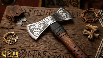 The Helm of Awe 30" Forged Viking Axe & Carved Wooden – Norse Warrior Axe