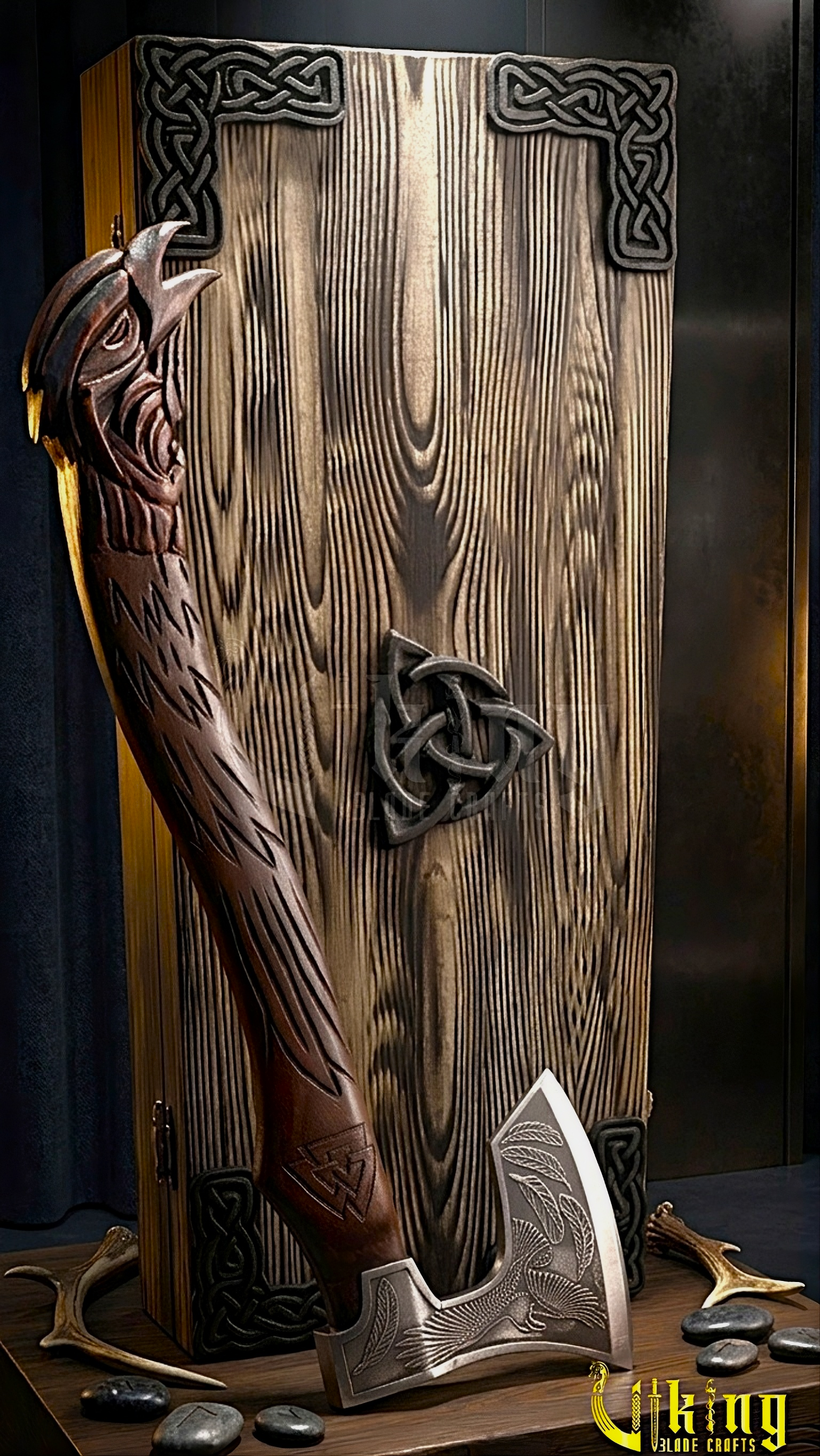 Viking axe with hand carved rosewood handle and Valknut symbol