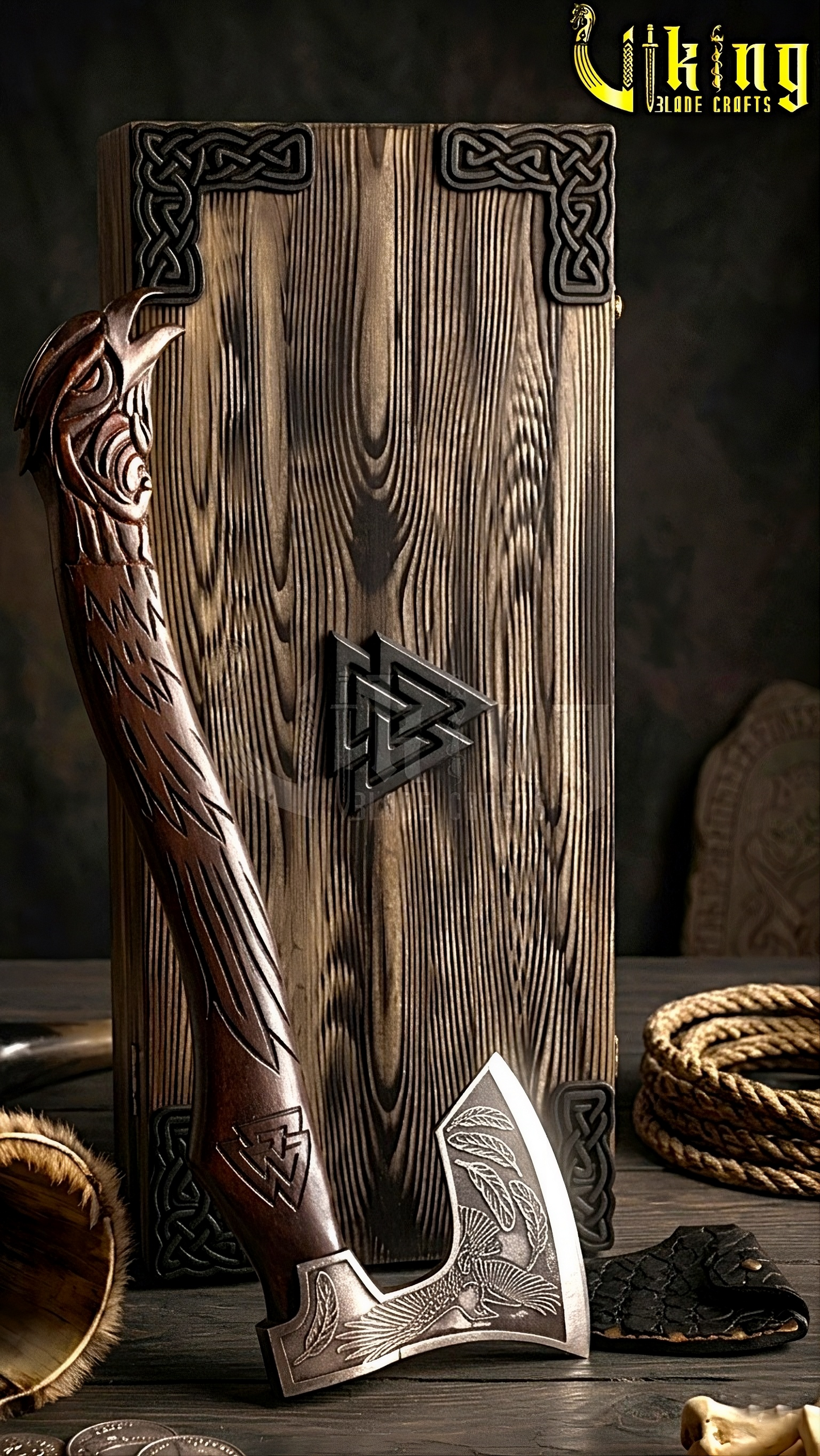 hand carved raven Valknut handle Viking axe inspired by Odin