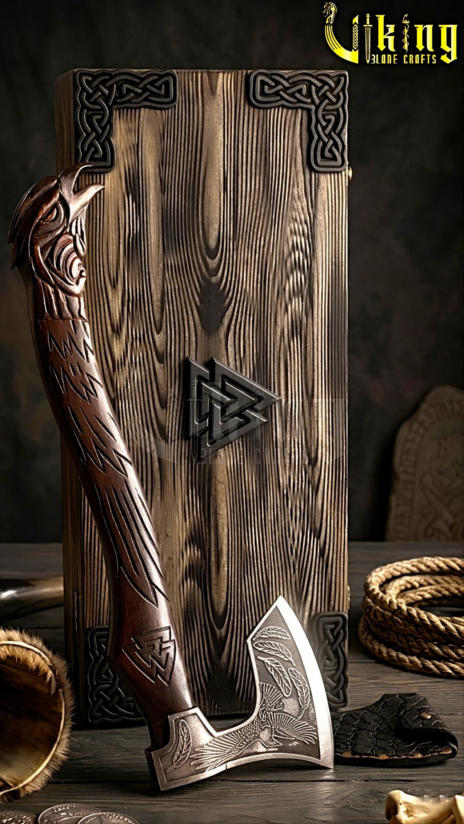 hand carved raven Valknut handle Viking axe inspired by Odin