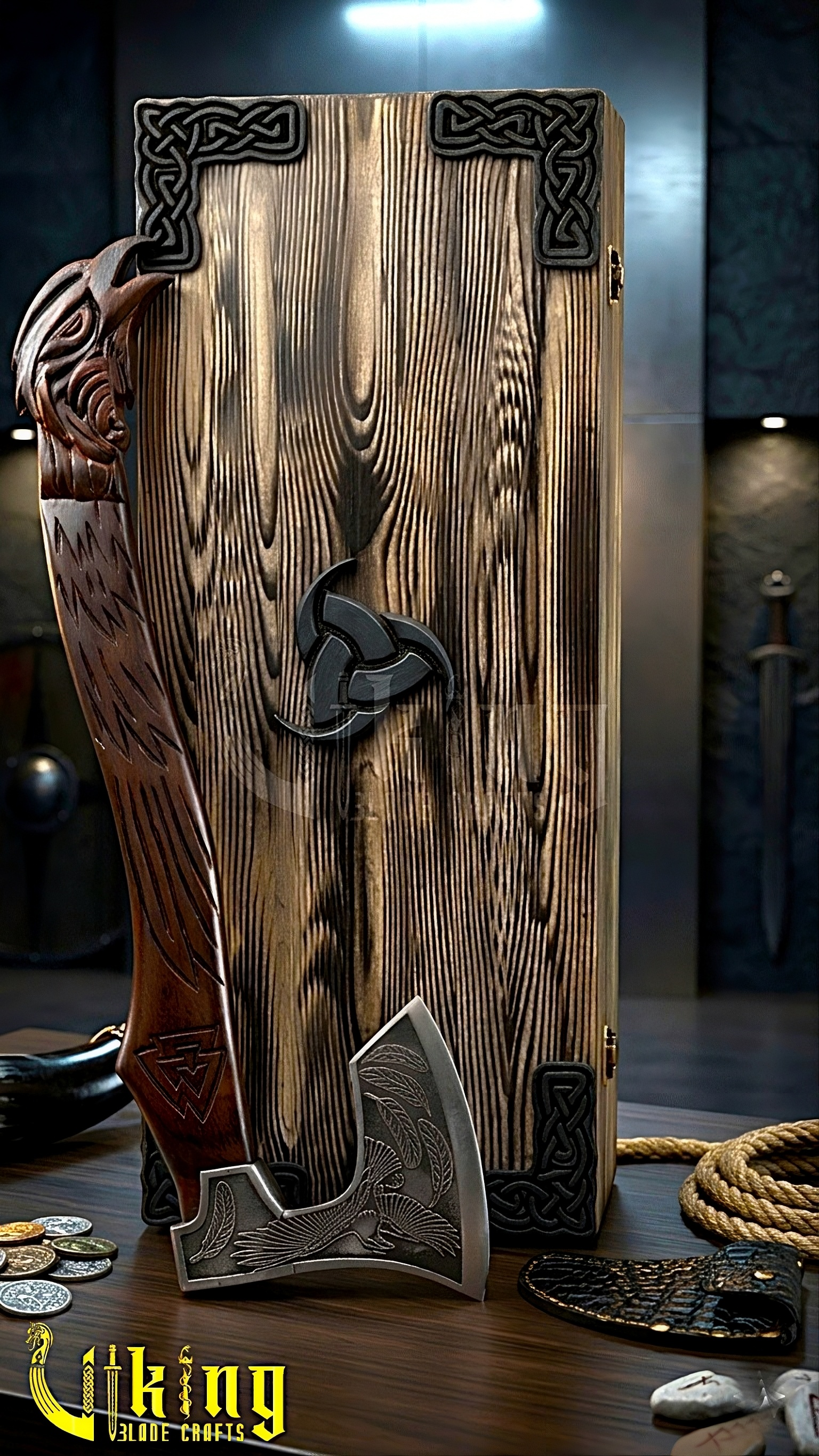 forged steel Viking axe with detailed raven and Valknut carving