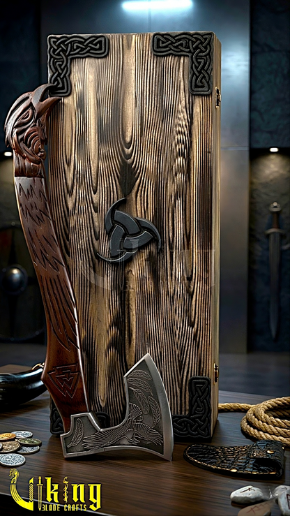 forged steel Viking axe with detailed raven and Valknut carving