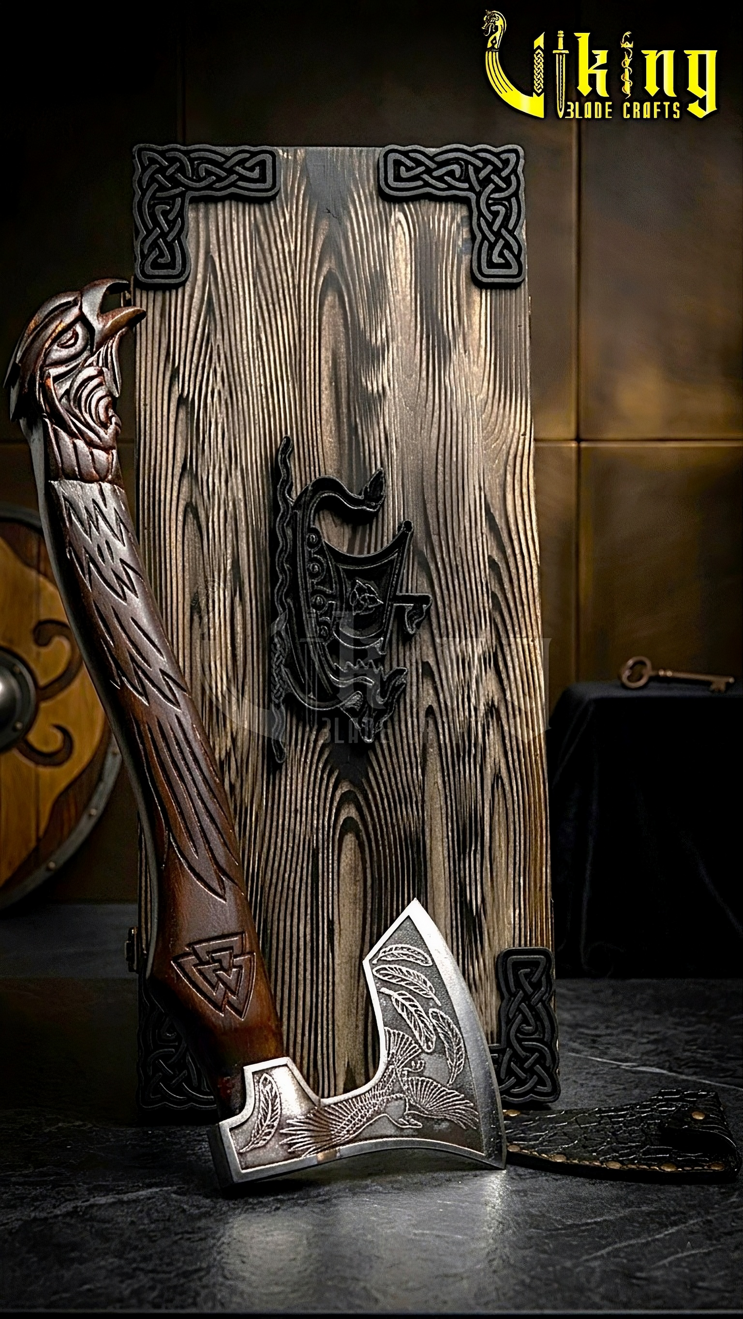 Norse mythology axe with Odin raven design and wooden carved handle