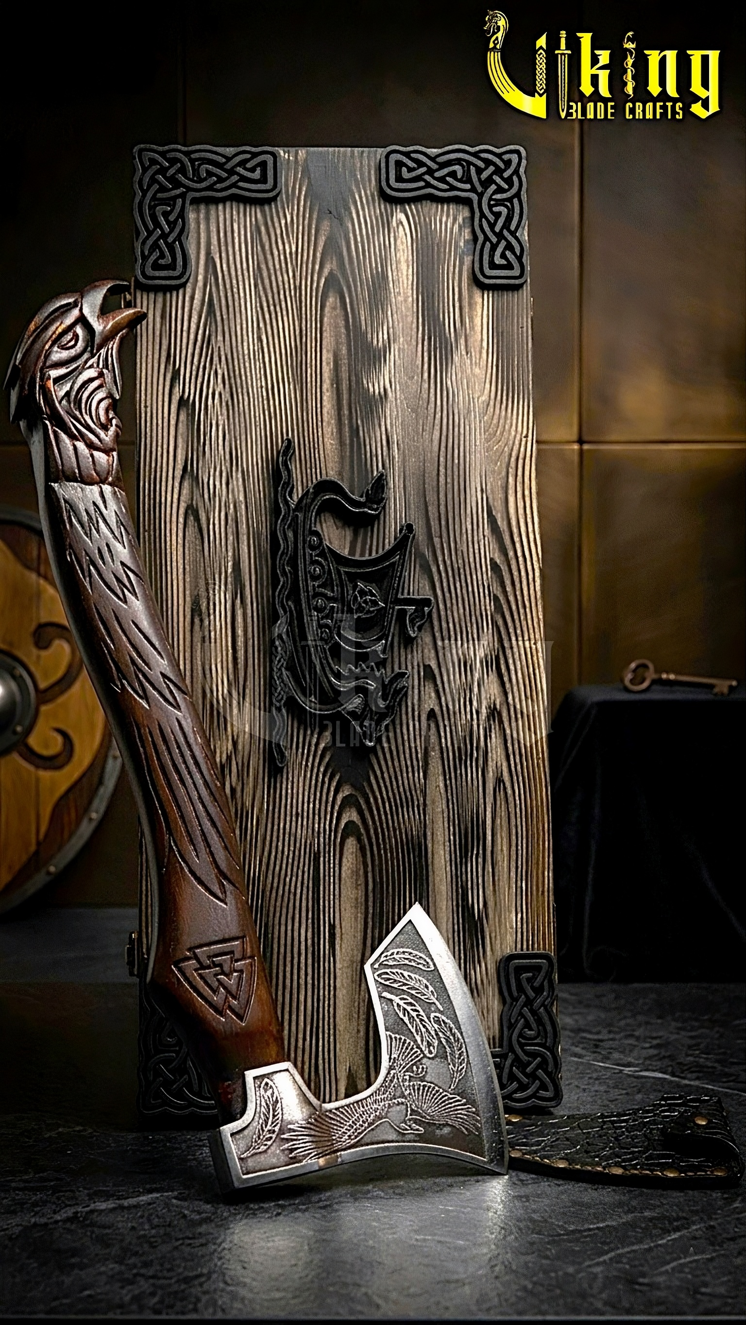 Norse mythology axe with Odin raven design and wooden carved handle