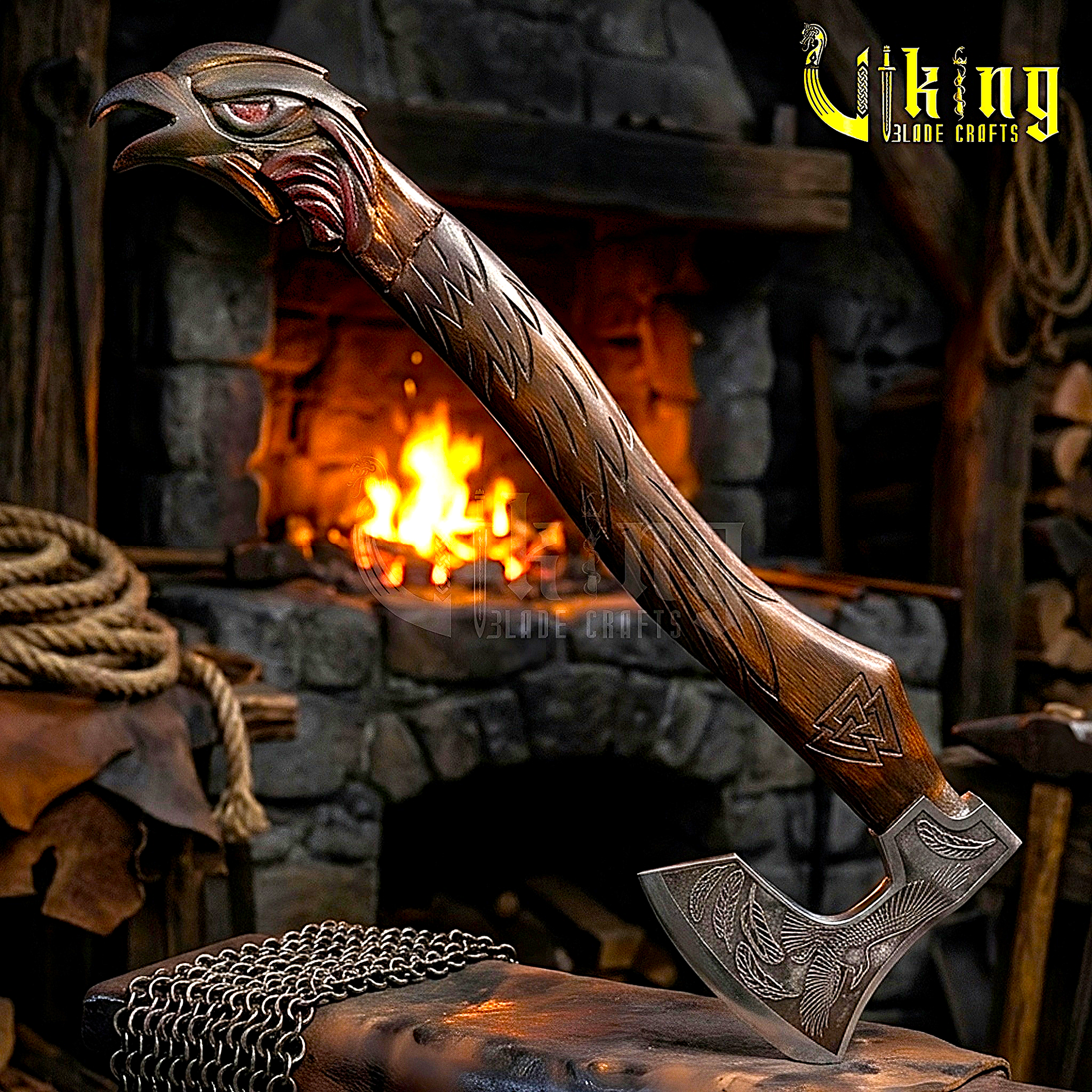 hand carved raven Valknut handle Viking axe inspired by Odin