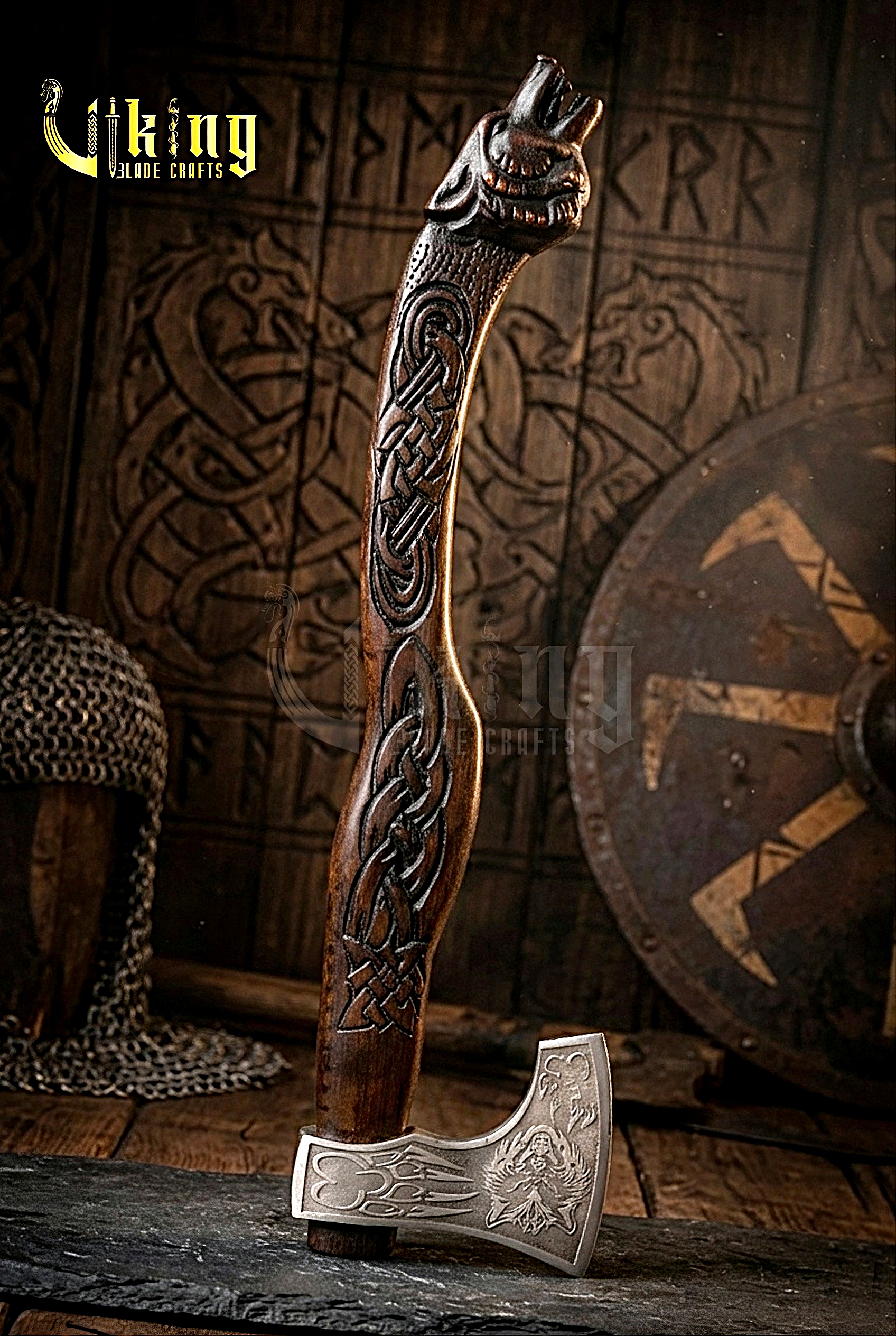 wolf carved Viking battle axe with wooden handle