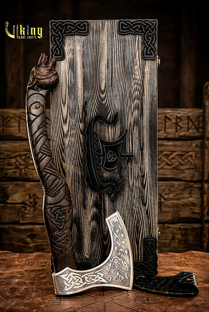 Norse Fenrir axe with custom carved wooden handle