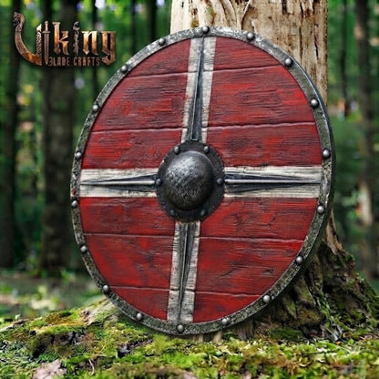 The Skjöldr of the Blood-Cross Runic-Bossed Crimson Viking Shield