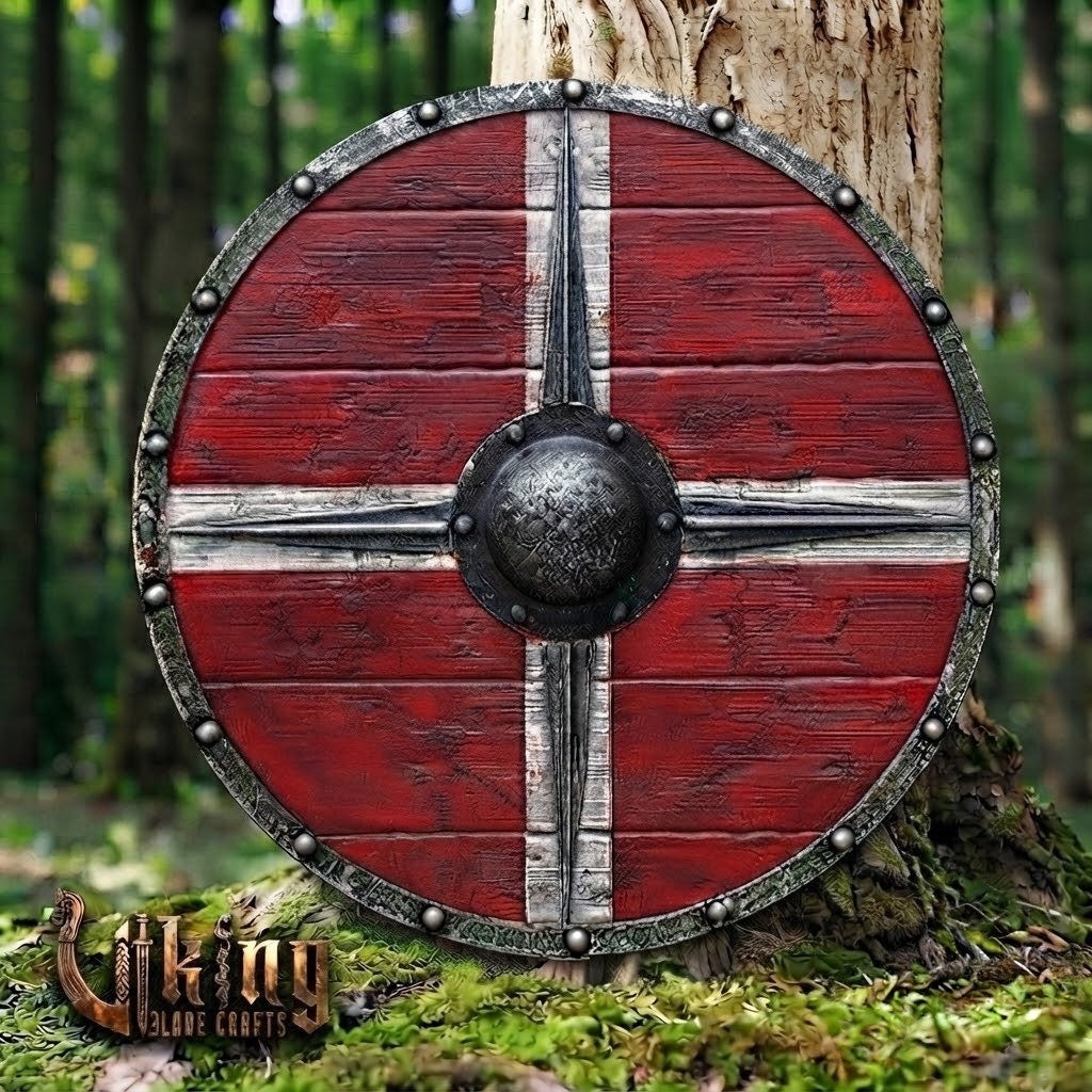 The Skjöldr of the Blood-Cross Runic-Bossed Crimson Viking Shield