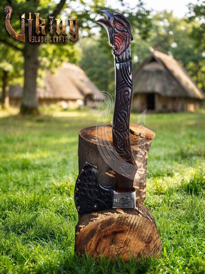 Raven Viking Axe | Hand Carved Handle | Forged Steel Hrafn