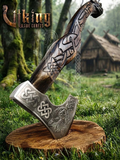 Hand Carved Viking Axe | Wolf Head Handle | Forged Steel
