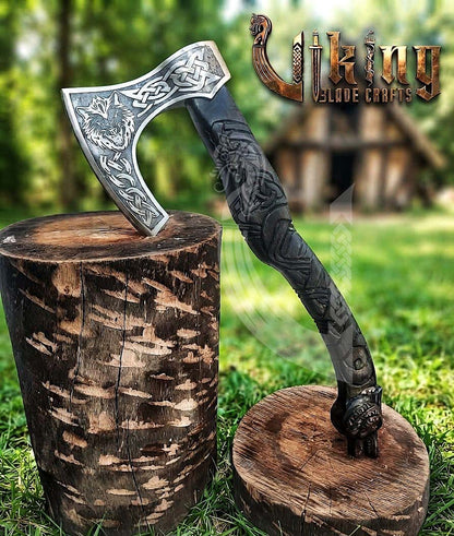 Fenrir Viking Axe | Hand Carved Wolf Handle | Forged Steel