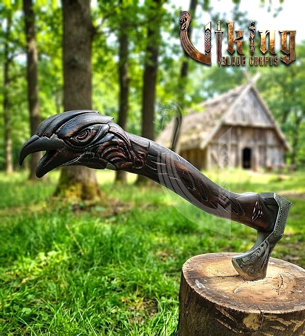 Huginn Muninn Viking Axe | Raven Carved Handle | Forged Steel