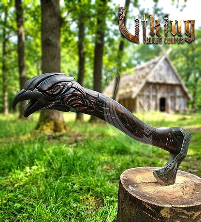 Huginn Muninn Viking Axe | Raven Carved Handle | Forged Steel
