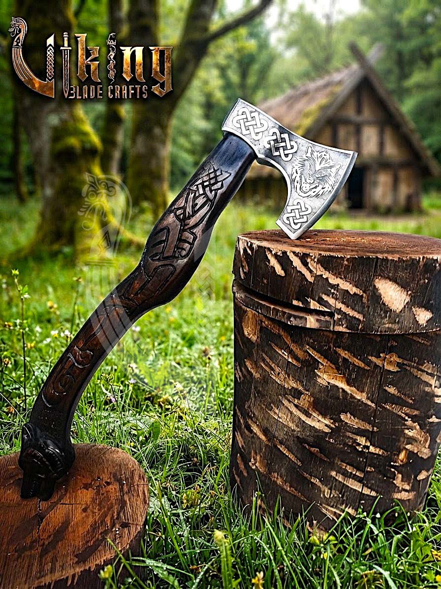 Hand Carved Viking Axe | Wolf Head Handle | Forged Steel