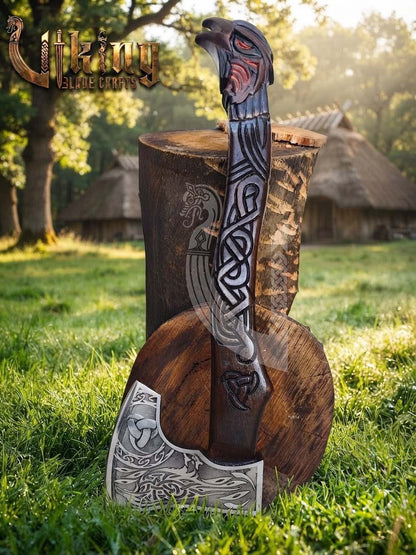 Raven Viking Axe | Hand Carved Handle | Forged Steel Hrafn