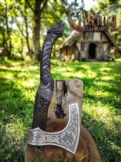 Fenrir Viking Axe | Hand Carved Wolf Handle | Forged Steel