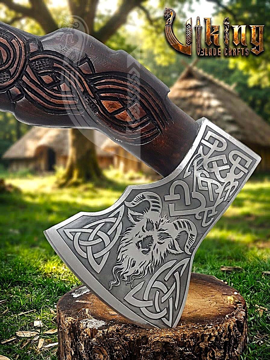Viking Goat Axe | Hand Carved Geit Handle | Forged Steel