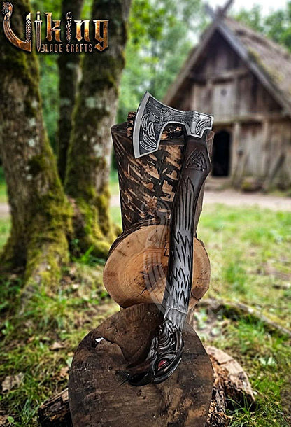 Odin Viking Axe | Raven Valknut Handle | Forged Steel